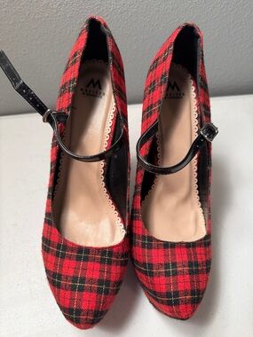 Madison Red and Black Plaid Mary Jane Pumps with Patent Strap.